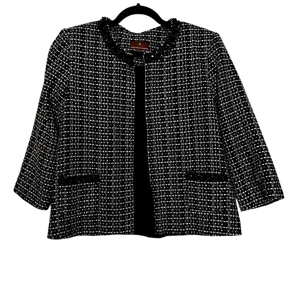Fenn Wright Manson Black/White Tweed Open Front Blazer w/Beaded & Sequin Accent